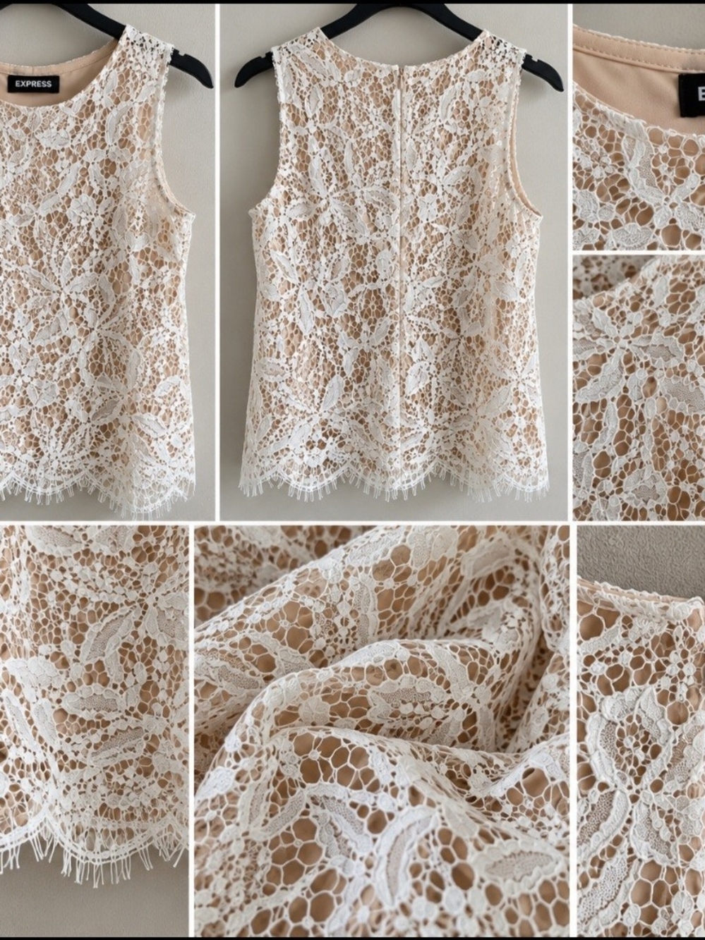 Express Lace Overlay Shell Top in Cream and White